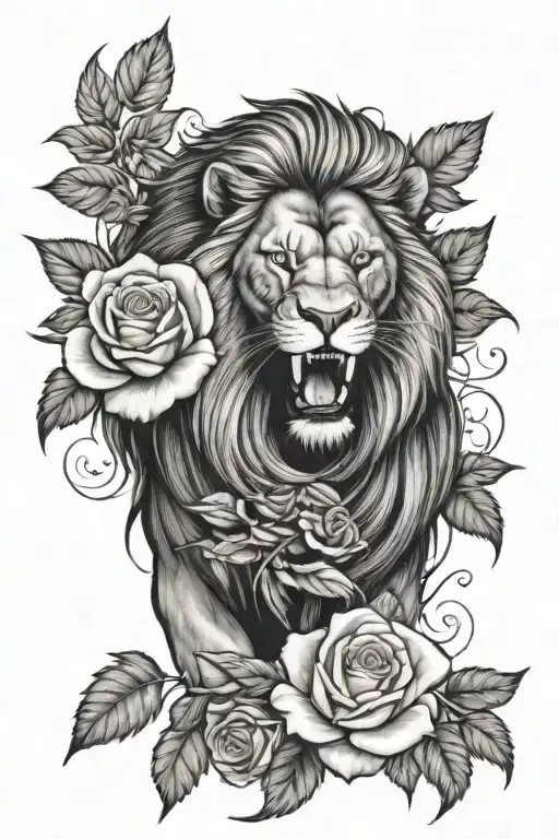 Big Roaring Lion And Roses