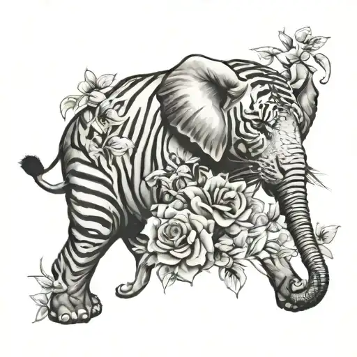 Elephant And Tiger With Flowers Stenil For Thigh