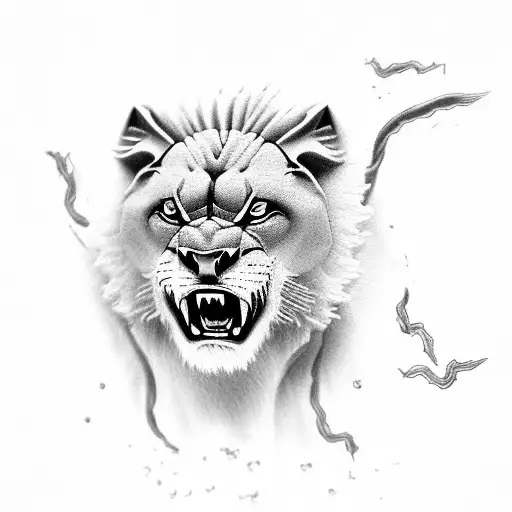 Roaring Lion In A Thunderstorm With Lightning