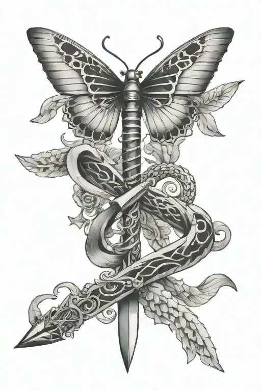 Snake Wrapped Sword And Butterfly Wings