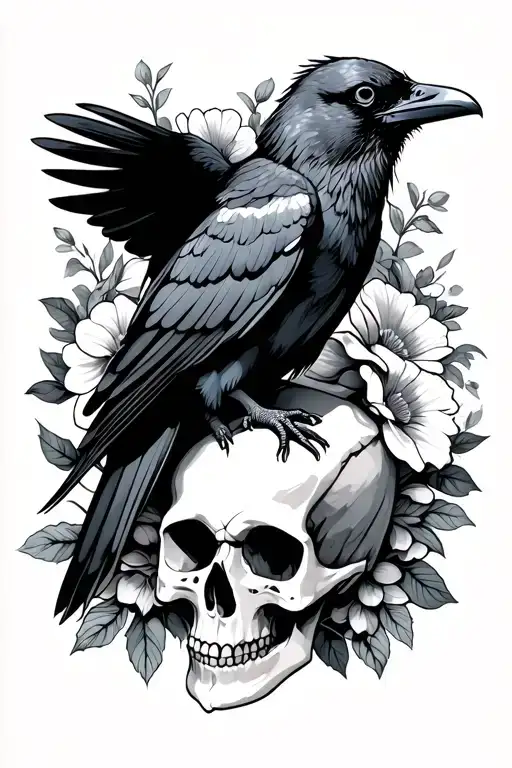 Raven Sitting On Top Of A Skull Surrounded By Flowers