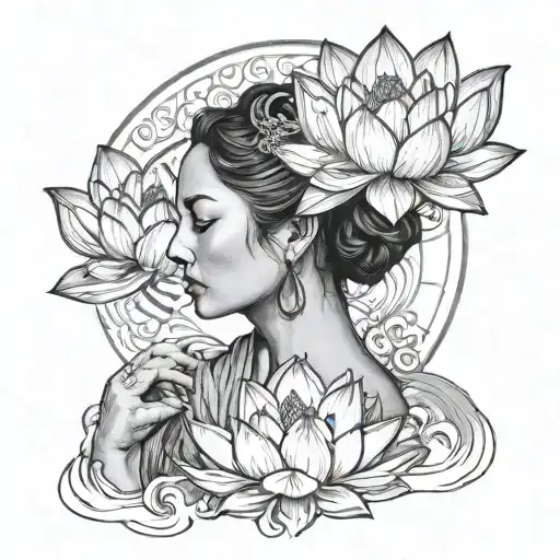 Realism Woman Meditating One Lotus Flower Blooming
