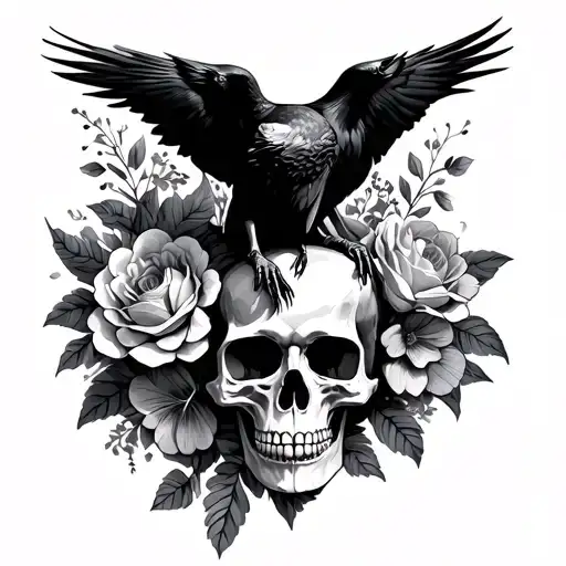 Raven Sitting On Top Of Skull Surrounded By Flowers