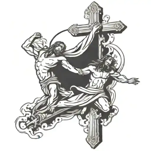 Cross Design With A Person Coming Up From Hell And Jesus Pulling Them Up