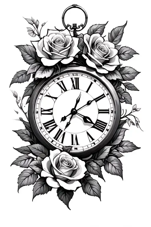 Clock And Roses Intertwined Symbolizing