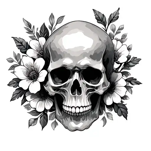 Skull Turned To Side Surrounded By Flowers