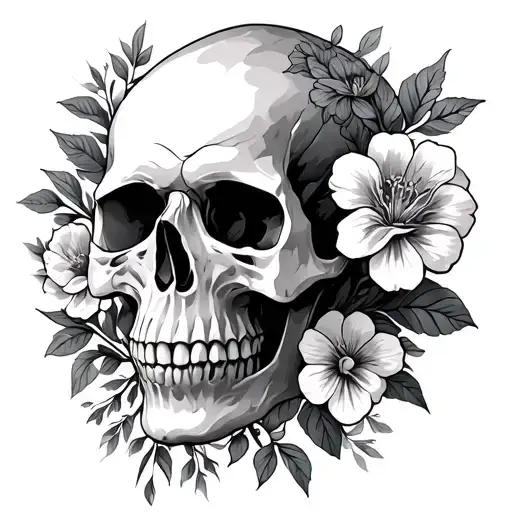 Skull Side View Surrounded By Flowers