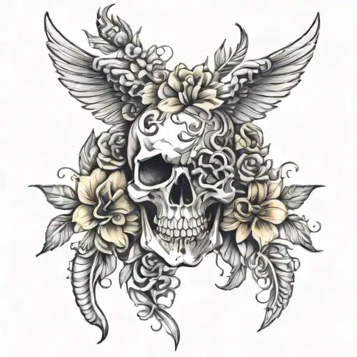Spine Tattoo With Western Skull And Flowers Intertwined