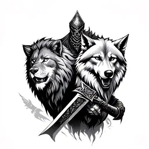 Lion And A Wolf And A Warrior Wielding