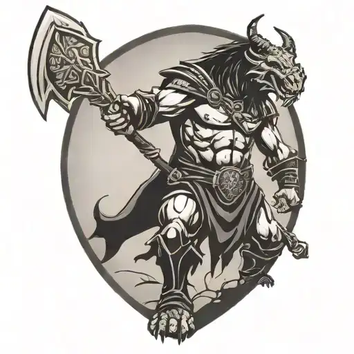 Half Orc Fighter With Battle Axe And Shield Adorned Silhouette With Dead Dragon In Background