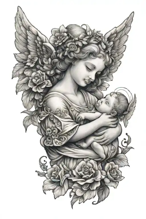 Angel Holding A Baby Angel With A Background Full Of Flowers