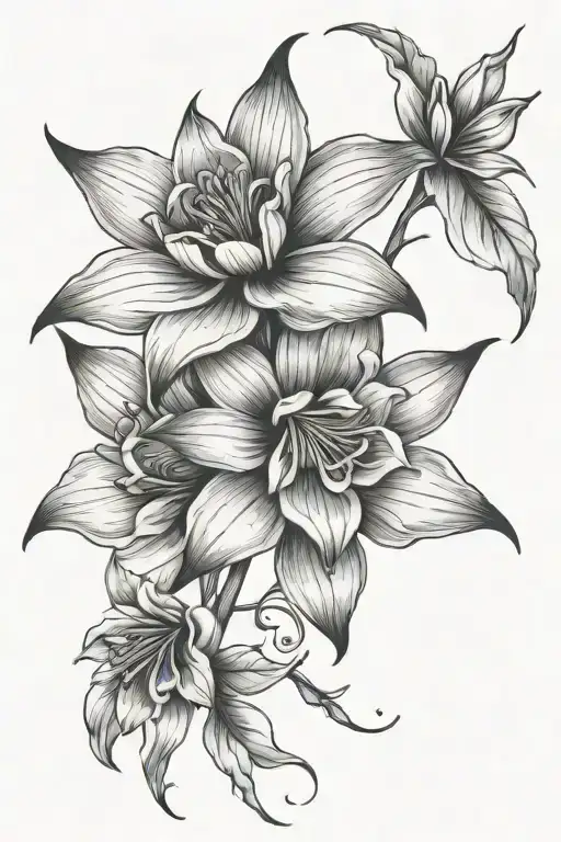 Columbine Flower With Night Rider Lily Flower And Gothic Leaves Under Collar Bone And Done Sternum
