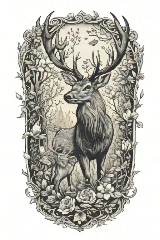 Stag Doe Birds Flowers Forrest