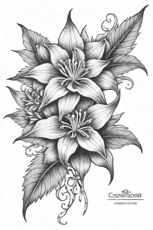 Columbine Flower With Night Rider Lily Flower And Gothic Leaves Under Collar Bone And Done Sternum