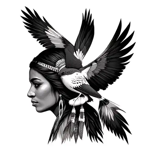 Native American Woman And Birds