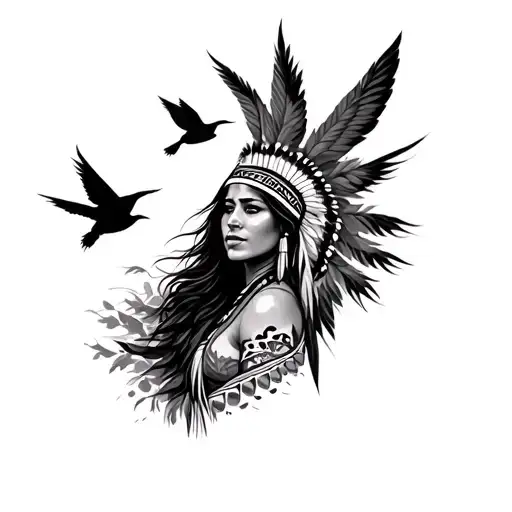 Native American Woman With Tribal And Birds Flying