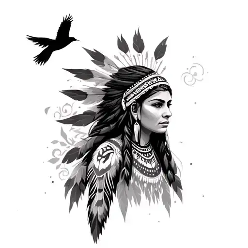 Native American Woman With Tribal And Birds Flying