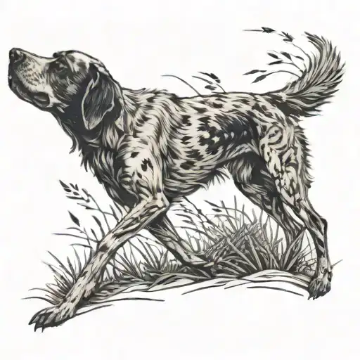 A Black-grey Tattoo Of A Hunting Dog Retrieving A Fallen Bird In A Field