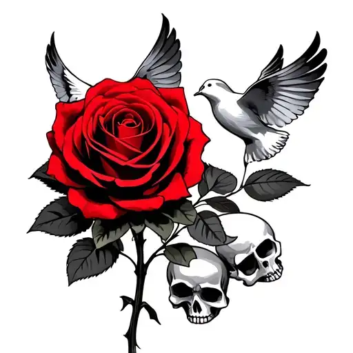 Red Rose With Doves Flying And Skulls