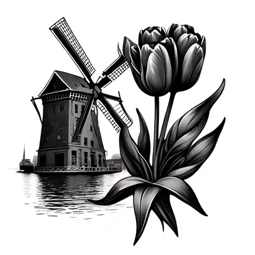 Amsterdam Windmill And Tulips Black And Grey
