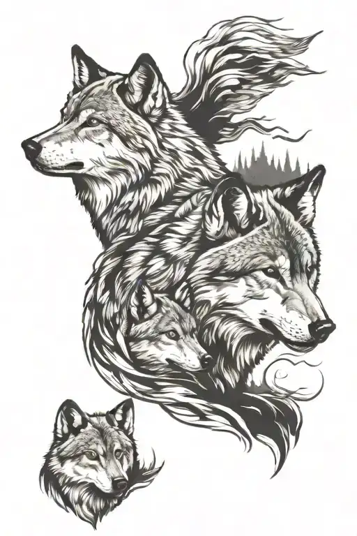 Wolf And 2 Wolf Cubs