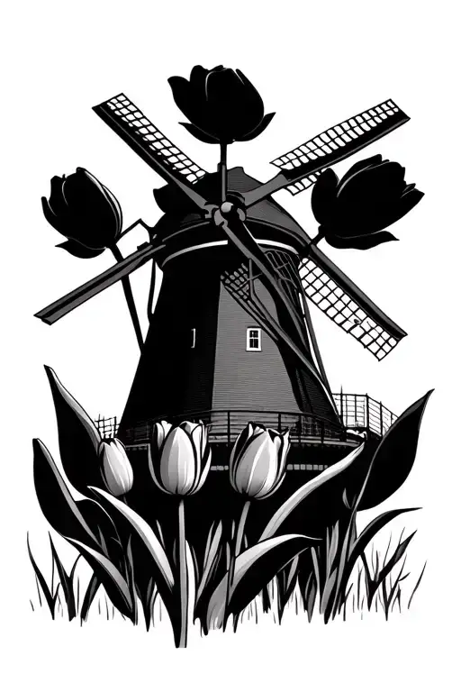 Amsterdam Windmill And Tulips Black And Grey