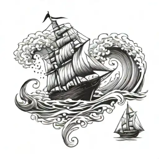 Music Note Waves Crashing With Ship Sailing