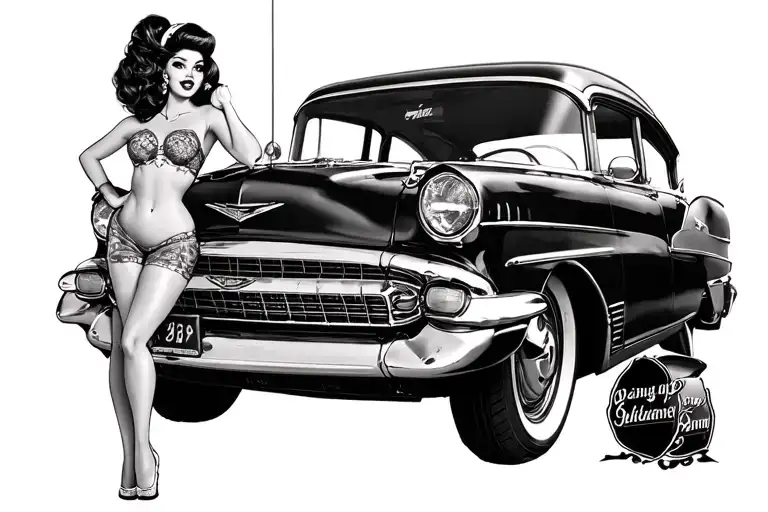 Old School Bel Air Car With Chola Pin Up Girl