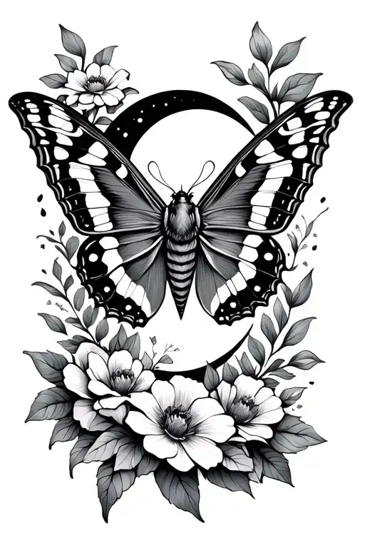 Moth Tattoo With Flowers And Moon