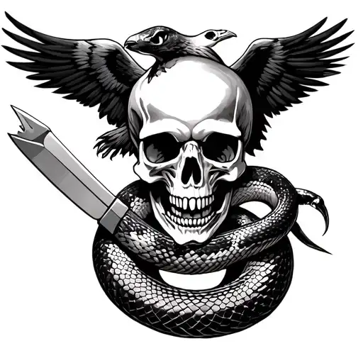 Skull With Embedded Knife And Aguila Devouring A Snake