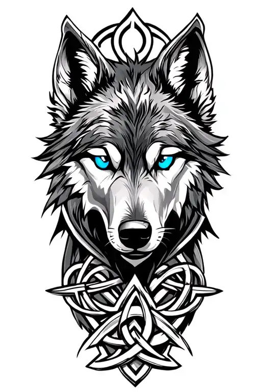 Wolf With Blue Eyes On Armor Tattoo Design Featuring Celtic Trinity Knot