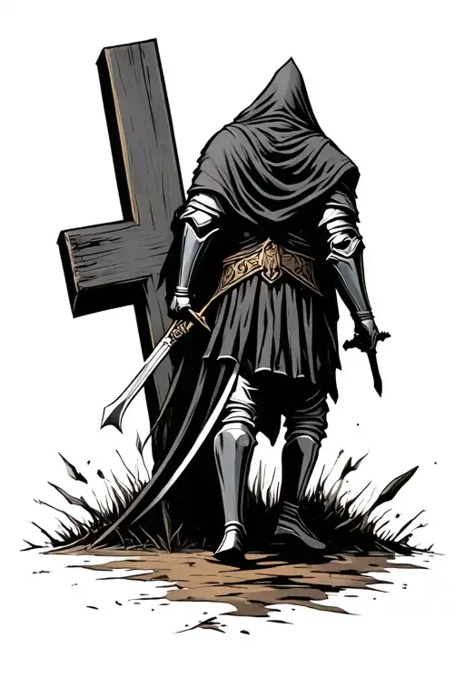 Hooded Knight With Sword Walking Away From A Cross