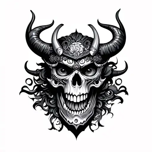 Demon Skull With Oni Mask Illustration Japanese Style