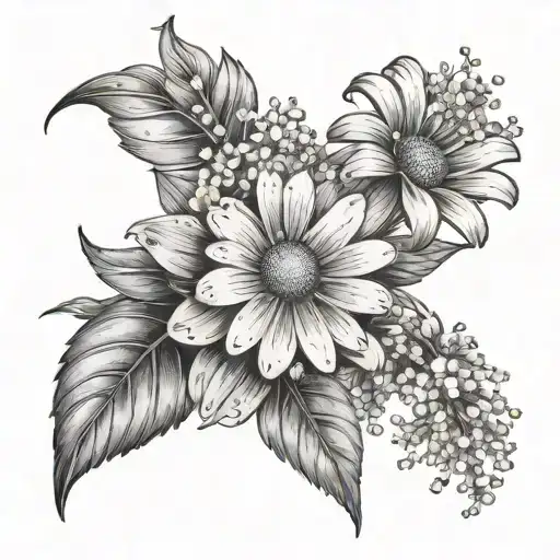 A Daisy With Baby's Breath Surrounded By Vines And Leaves