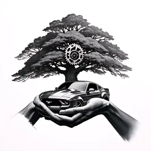 Hands Holding Mustang Realistic Tree In Back Piece Including Gears