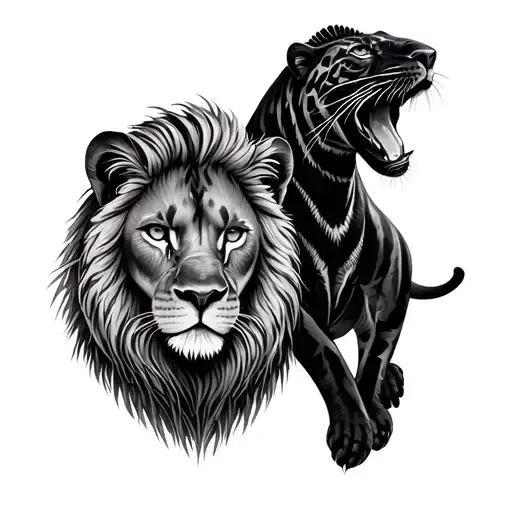 Panther And Lion And Chameleon With Hay Field