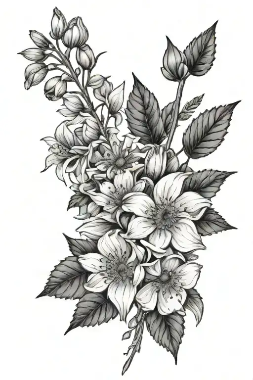 July And December Birth Flower Bouquet Fine Line