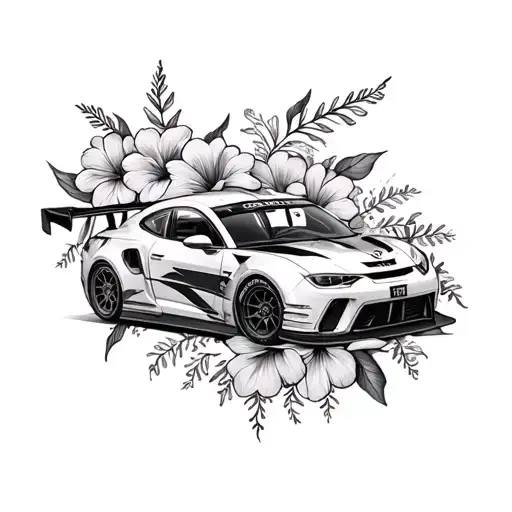 May And July Birth Flowers Wrapped Around A Race Car