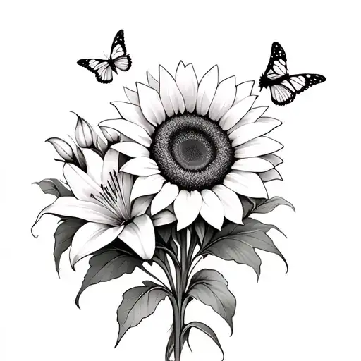 Sunflower And Lilies With Stems And Butterflies