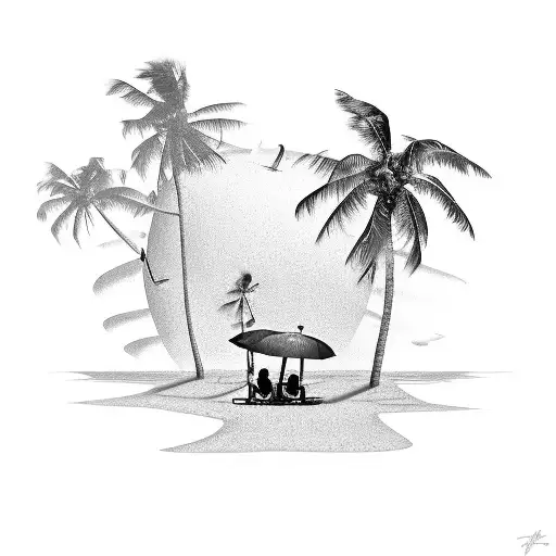 Beach Scene During Hurricane With Palm Trees Bending And Pier