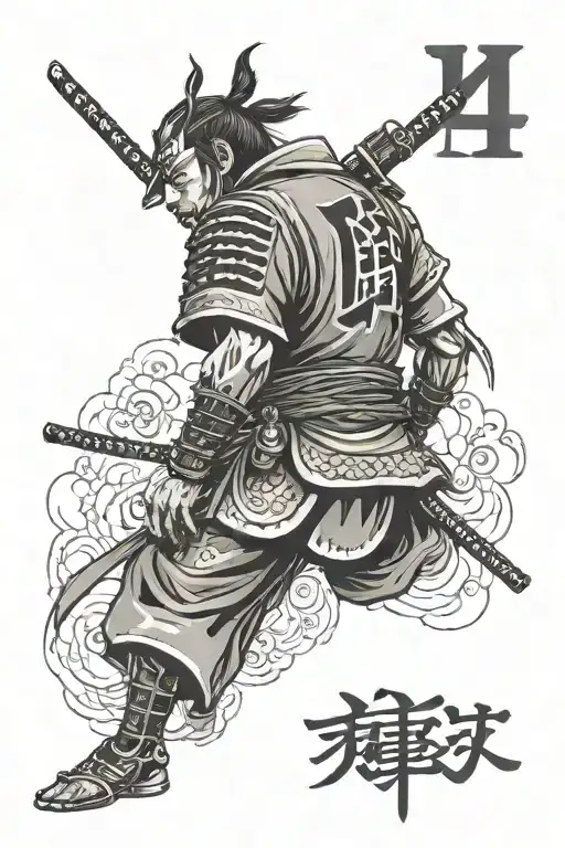 Samurai From Behind With The Number 14 With Motivational Letters Around It