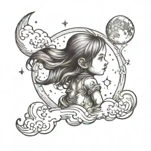 Little Girl Following The Moon With The Moon Celestial