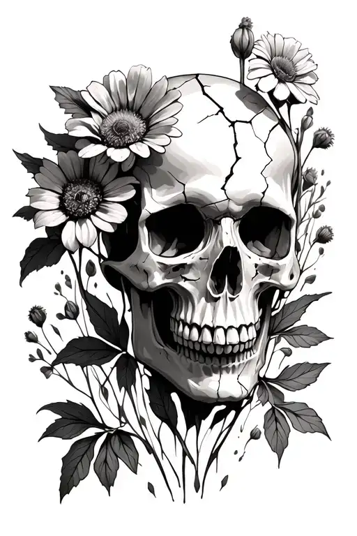 Cracked Skull And Wild Flowers Growing