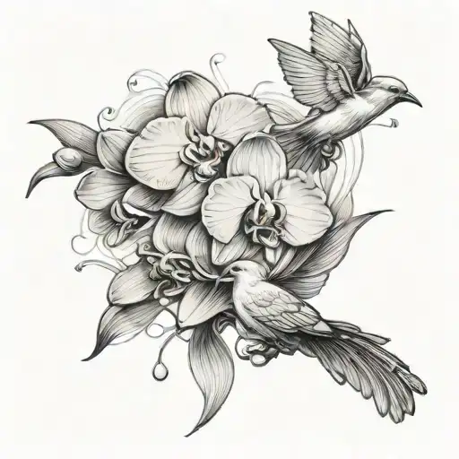 Orchids With A Dove Flying