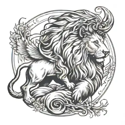 Lion Above A Lamb Looking Forward Above Eagle Flying