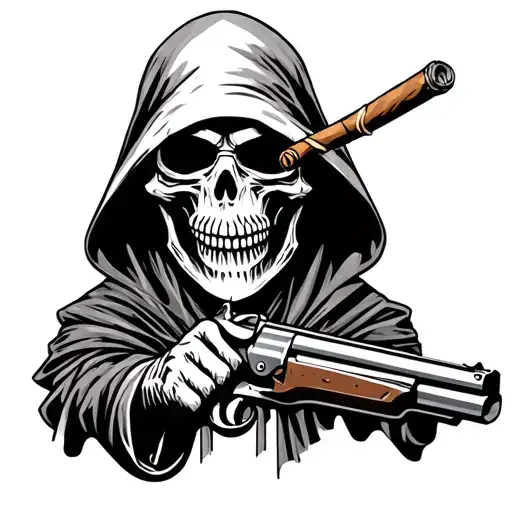 Cartoon Style Grim Reaper Holding A Shotgun With A Cigar In His Mouth