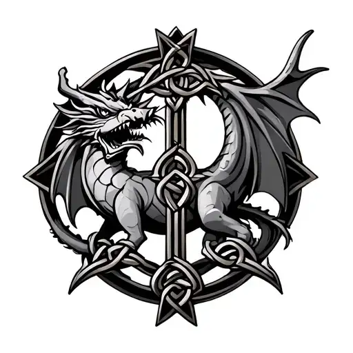 Welsh Dragon And Celtic Knot Cross Surrounded