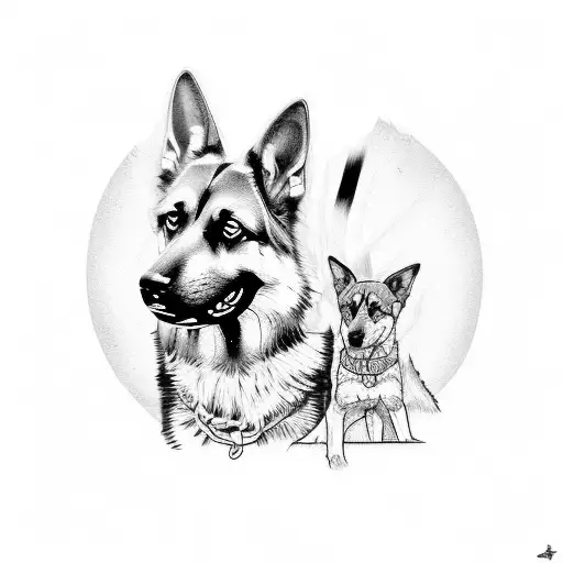 German Shepherd And American Foxhound Tattoo In Black-grey Style
