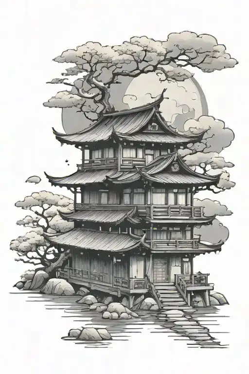 Japanese House With Moon
