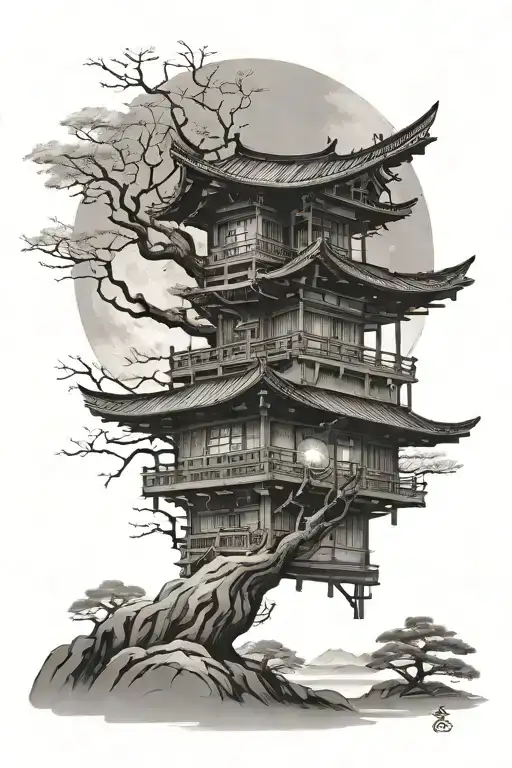 Japanese House With Moon Without Trees And Foliage